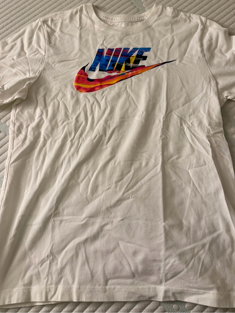 Nike White Short-Sleeve T-Shirt with Multicolor Swoosh